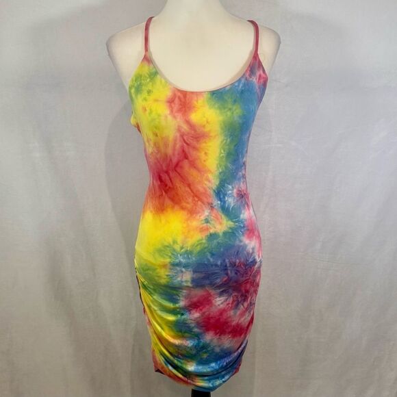 Heart & Hips bright tie dye ruched strappy open back bodycon dress medium NWOT - Picture 3 of 9
